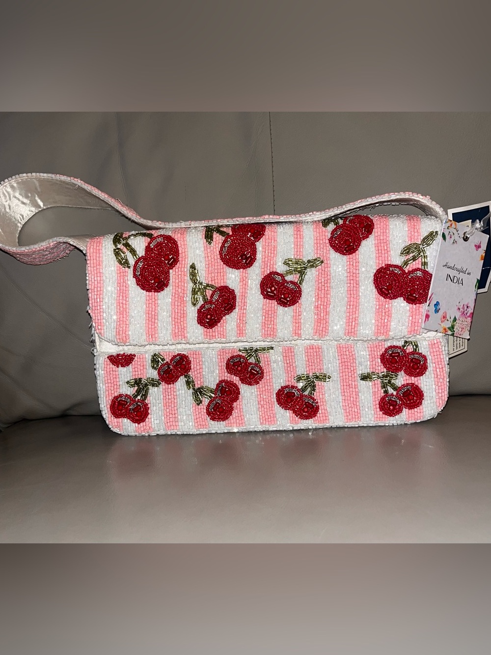 NWT Beaded pink & white striped cherries bag- rare viral Marshalls find